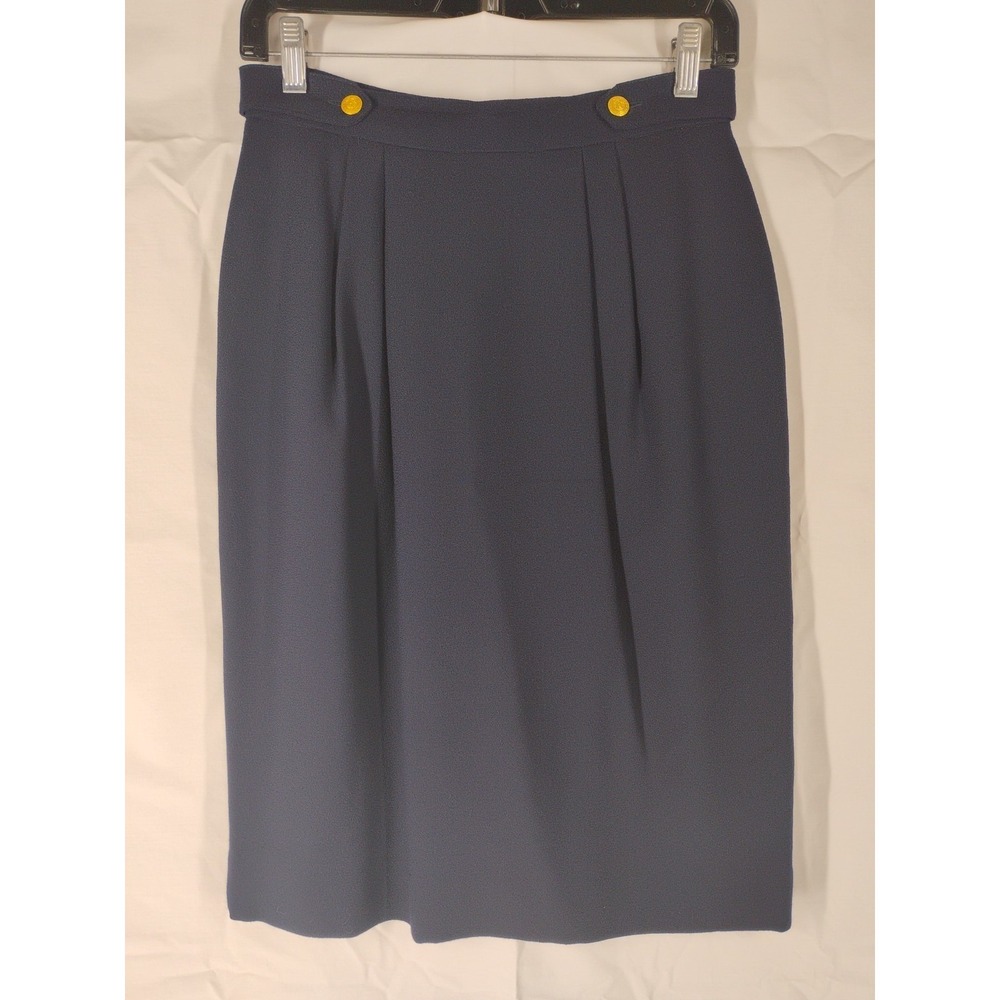 Vintage JH Collections Women's Sz 6 Navy Blue Wool Skirt Gold Tone Buttons